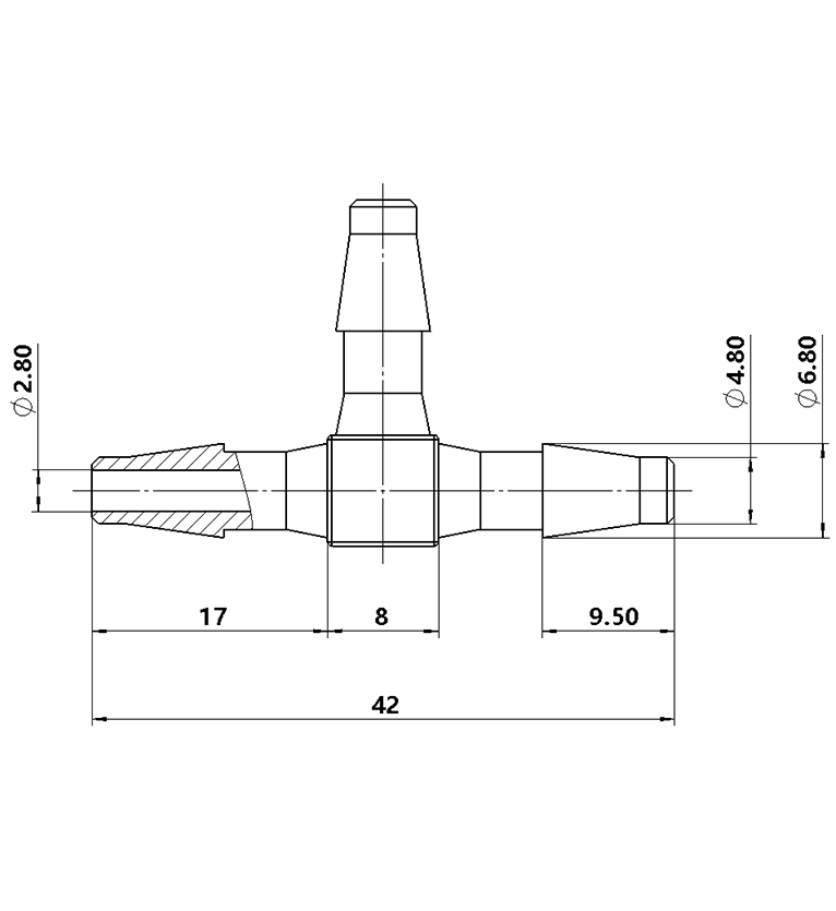 4.8mm(3/16)T型塑料三通
